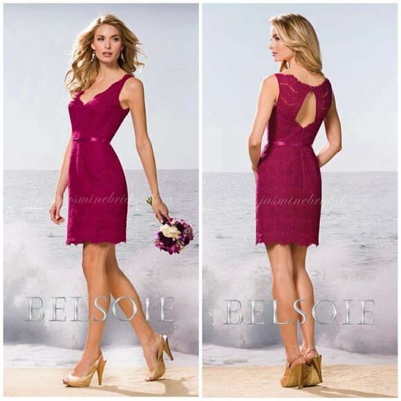 Belsoie Sz 12 V Neck Eyelash Lace Sheath Shift Dress Scalloped Berry Bridesmaid - Picture 1 of 7